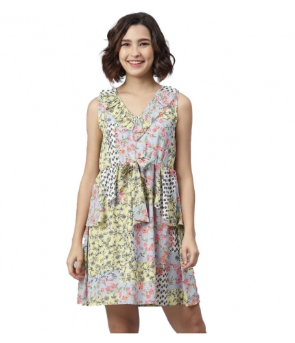 Women's Polyester Peplum Sleeveless Above Knee Dress (Multicolor)