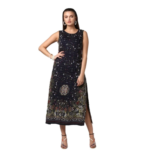 Women's Rayon Floral Sleeveless Calf-length Dress (Black)