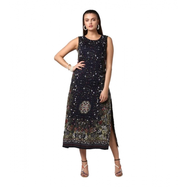 Dropship Women's Rayon Floral Sleeveless Calf-length Dress (Black)