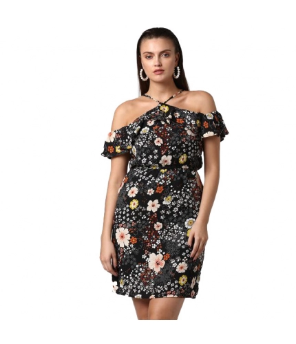 Women's Polyester Floral Cold Shoulder Above Knee Dress (Black)
