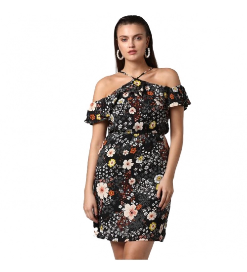 Women's Polyester Floral Cold Shoulder Above Knee Dress (Black)