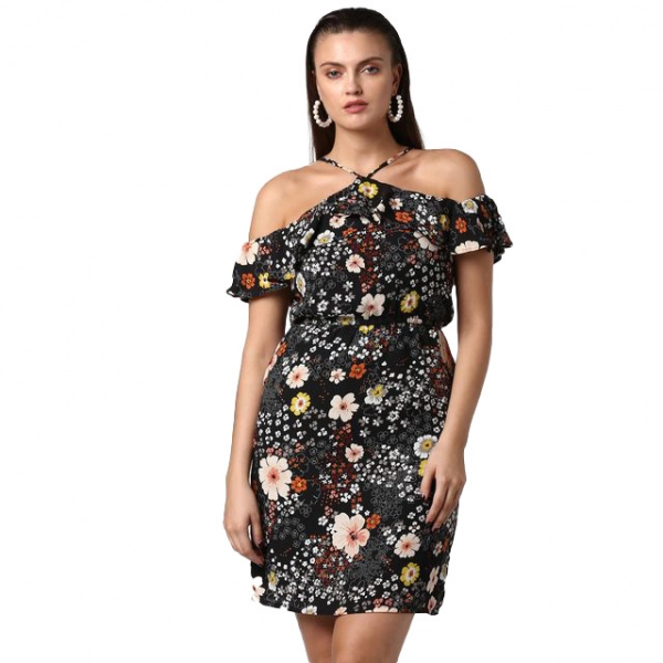 Dropship Women's Polyester Floral Cold Shoulder Above Knee Dress (Black)