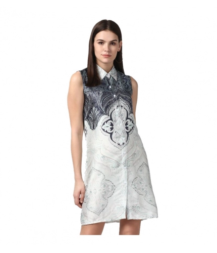 Women's Polyester Printed Sleeveless Above Knee Dress (Blue)