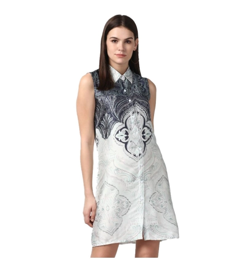 Women's Polyester Printed Sleeveless Above Knee Dress (Blue)