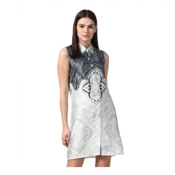Dropship Women's Polyester Printed Sleeveless Above Knee Dress (Blue)