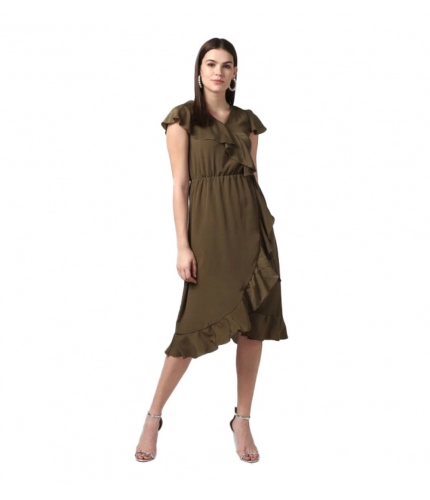 Women's Polyester Ruffled Cap Sleeve Knee-Length Dress (Olive)