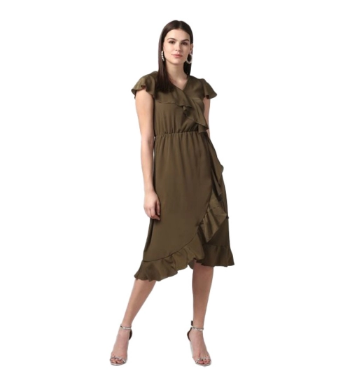 Women's Polyester Ruffled Cap Sleeve Knee-Length Dress (Olive)
