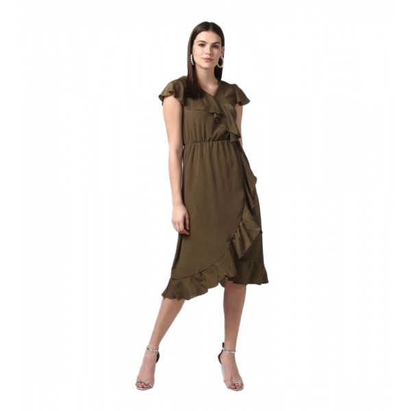 Dropship Women's Polyester Ruffled Cap Sleeve Knee-Length Dress (Olive)