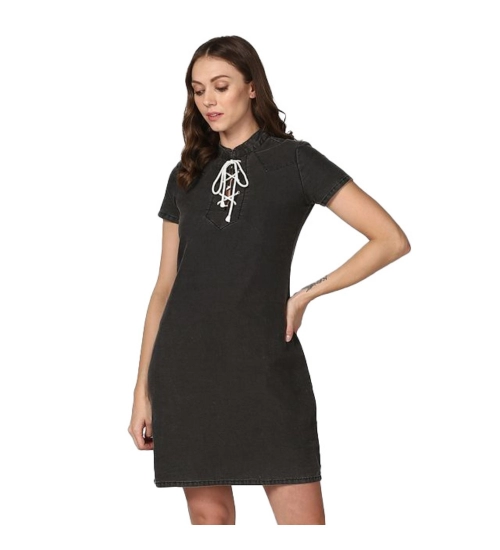 Women's Denim Solid Short Sleeve Above Knee Dress (Black)