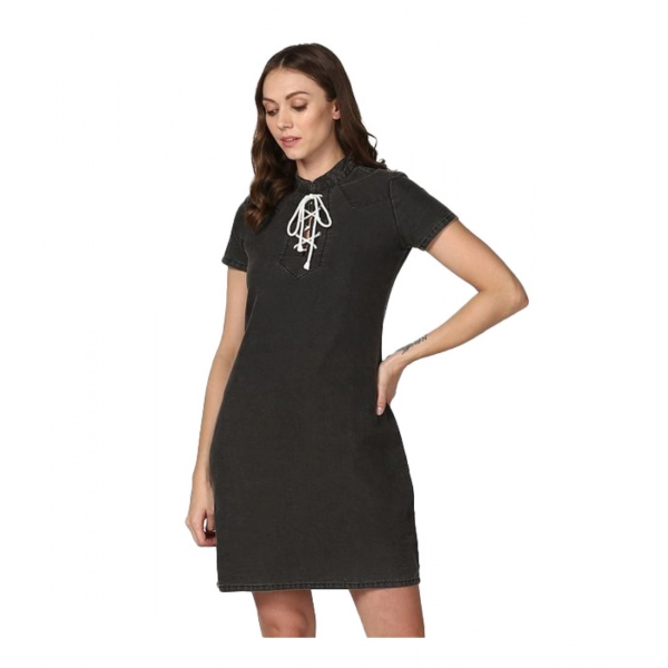 Dropship Women's Denim Solid Short Sleeve Above Knee Dress (Black)