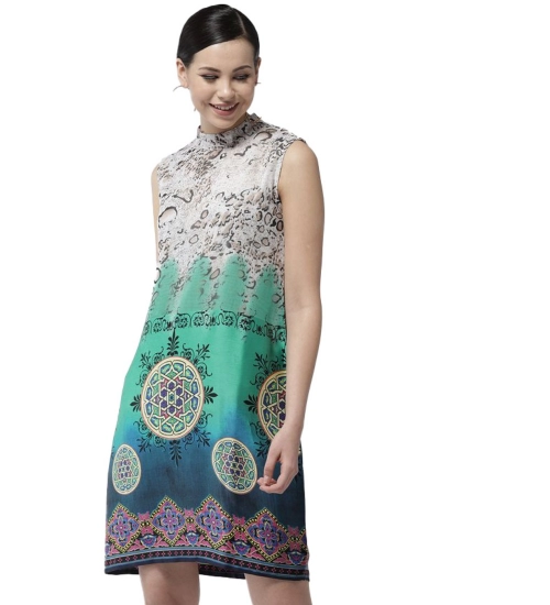 Women's Polyester Printed Sleeveless Above Knee Dress (Multicolor)