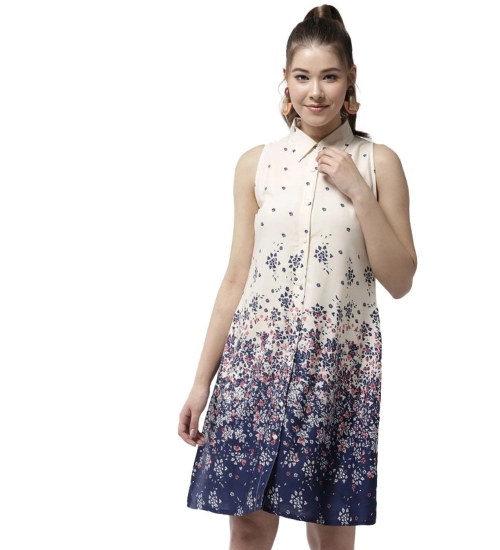 Women's Polyester Floral Sleeveless Above Knee Dress (Cream)