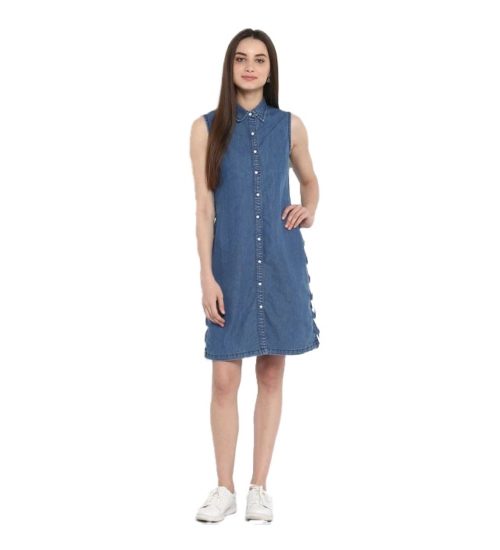 Women's Denim Solid Sleeveless Above Knee Dress (Blue)