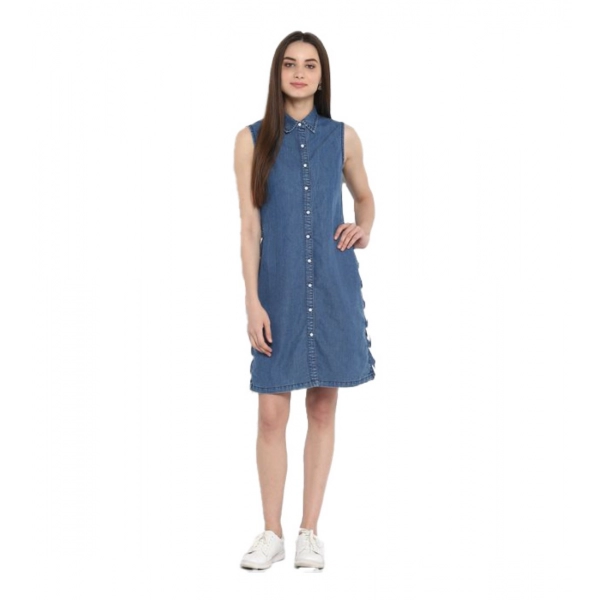 Dropship Women's Denim Solid Sleeveless Above Knee Dress (Blue)