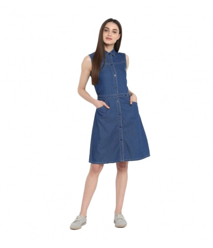 Women's Denim Solid Sleeveless Above Knee Dress (Blue)