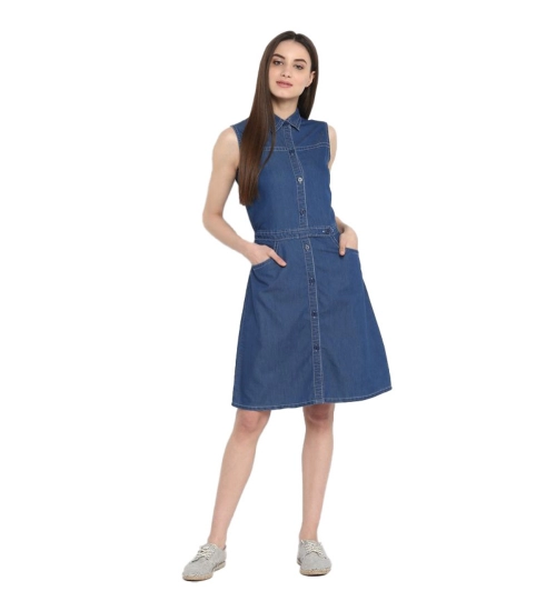 Women's Denim Solid Sleeveless Above Knee Dress (Blue)