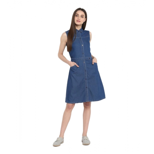 Dropship Women's Denim Solid Sleeveless Above Knee Dress (Blue)