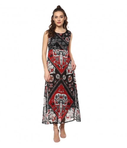 Women's Polyester Printed Sleeveless Dress (Red - Black)