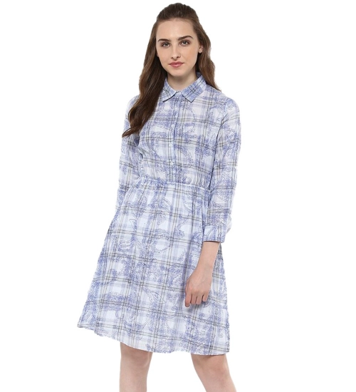 Women's Cotton Checkered Roll Up Sleeve Above Knee Dress (Blue)