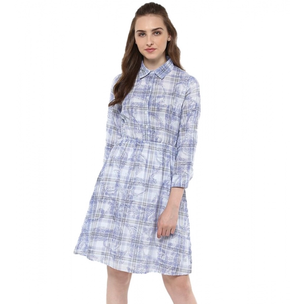 Dropship Women's Cotton Checkered Roll Up Sleeve Above Knee Dress (Blue)