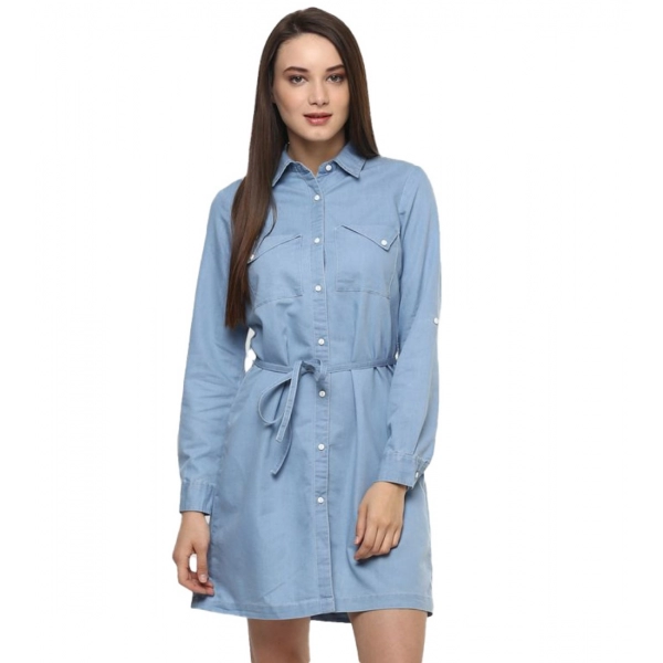 Dropship Women's Denim Solid Long Sleeves Above Knee Dress (Blue)