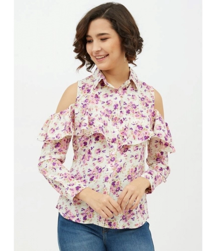 Women's Polyester Floral Cold Shoulder Standard Length Shirt (White)