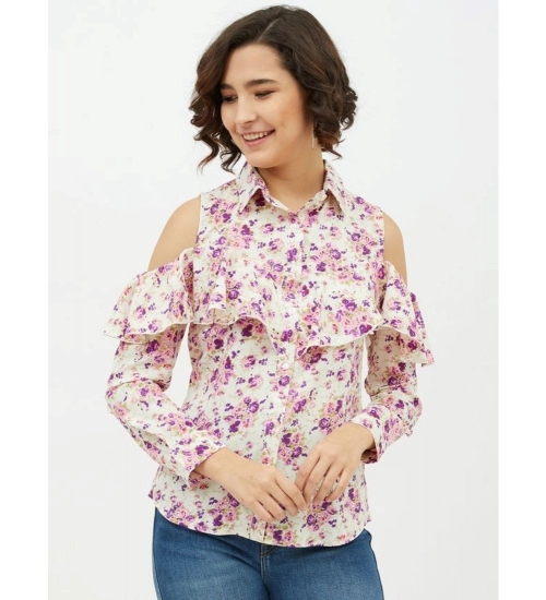 Women's Polyester Floral Cold Shoulder Standard Length Shirt (White)
