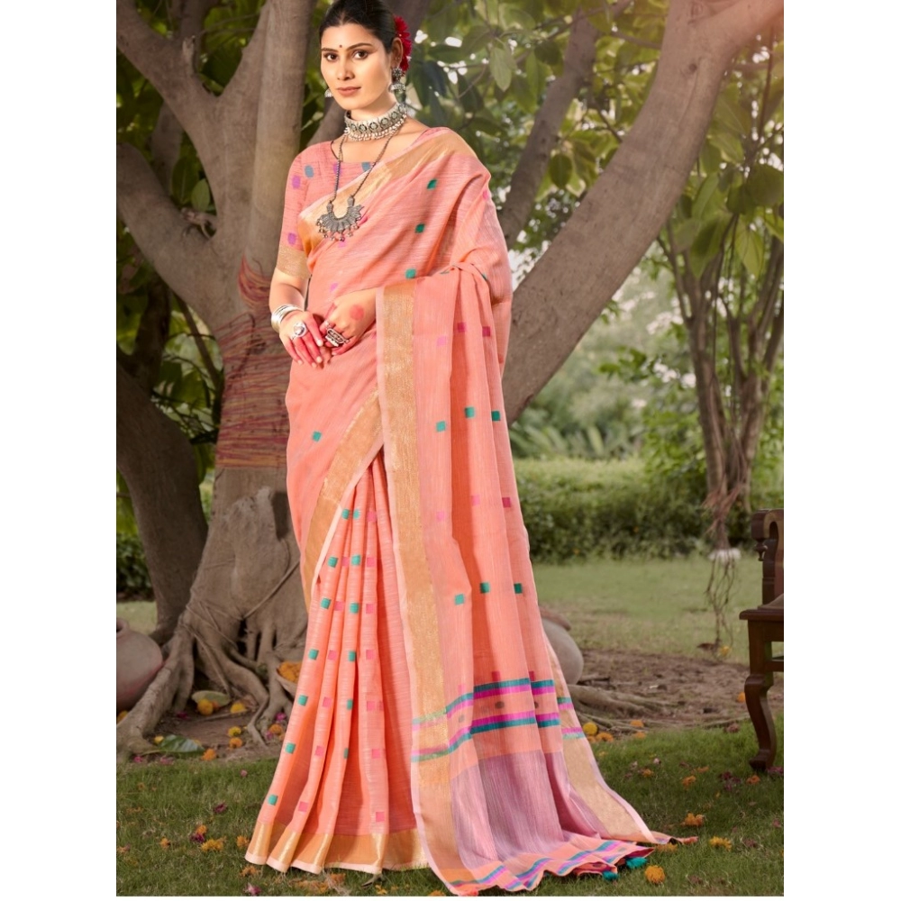Generic Women's Cotton Printed Saree With Unstitched Blouse 5.5Mtr (Orange)