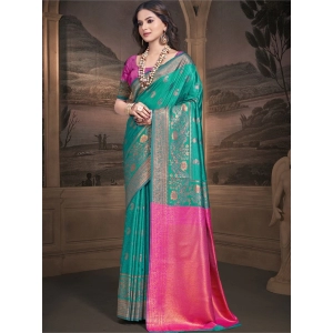 Generic Women's Silk Woven Design Saree With Unstitched Blouse 5.5Mtr (Teal-Green)