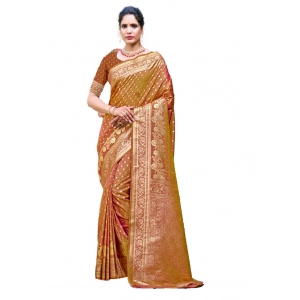 Generic Women's Silk Printed Saree With Unstitched Blouse 5.5Mtr (Brown)