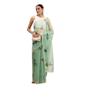 Generic Women's Organza Printed Saree With Unstitched Blouse 5.5Mtr (Sea Green)