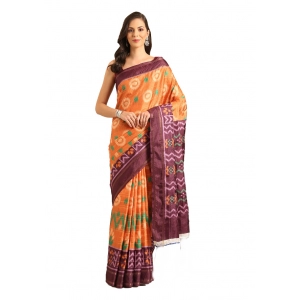 Generic Women's Cotton Printed Saree With Unstitched Blouse 5.5Mtr (Orange)