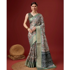 Generic Women's Cotton Printed Saree With Unstitched Blouse 5.5Mtr (Grey)