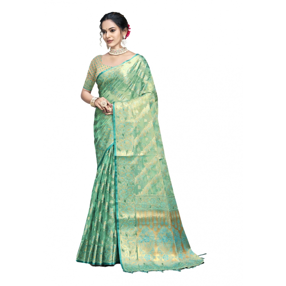 Generic Women's Organza Woven Design Saree With Unstitched Blouse 5.5Mtr (Green)