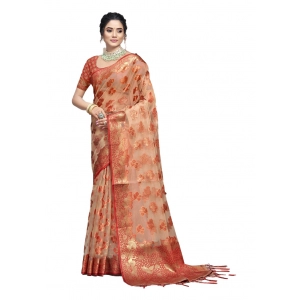 Generic Women's Organza Woven Design Saree With Unstitched Blouse 5.5Mtr (Orange)