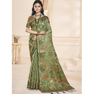 Generic Women's Organza Woven Design Saree With Unstitched Blouse 5.5Mtr (Green)
