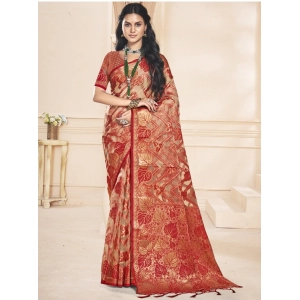Generic Women's Organza Woven Design Saree With Unstitched Blouse 5.5Mtr (Red)