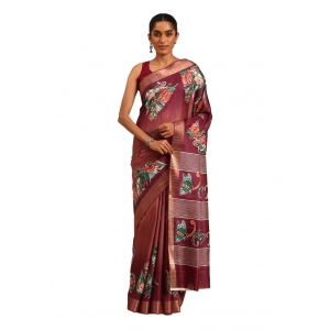 Generic Women's Cotton Printed Saree With Unstitched Blouse 5.5Mtr (Brown)