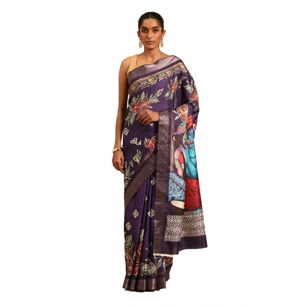 Generic Women's Cotton Printed Saree With Unstitched Blouse 5.5Mtr (Purple-Pink)