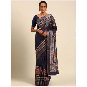 Generic Women's Cotton Printed Saree With Unstitched Blouse 5.5Mtr (Navy-Blue)