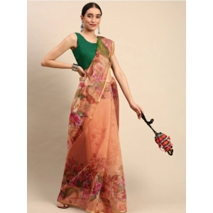 Generic Women's Organza Printed Saree With Unstitched Blouse 5.5Mtr (Peach)