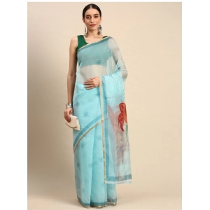 Generic Women's Organza Printed Saree With Unstitched Blouse 5.5Mtr (Sky Blue)