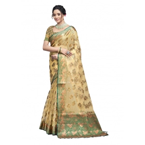 Generic Women's Organza Woven Design Saree With Unstitched Blouse 5.5Mtr (Beige)