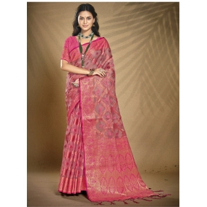 Generic Women's Organza Woven Design Saree With Unstitched Blouse 5.5Mtr (Pink)