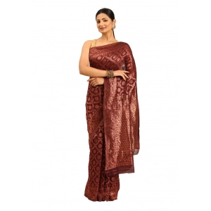 Generic Women's Cotton Woven Design Saree With Unstitched Blouse 5.5Mtr (Wine)