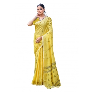 Generic Women's Cotton Printed Saree With Unstitched Blouse 5.5Mtr (Yellow)