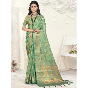 Generic Women's Organza Woven Design Saree With Unstitched Blouse 5.5Mtr (Green)