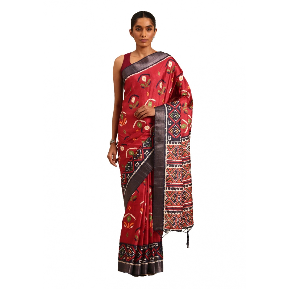 Generic Women's Cotton Printed Saree With Unstitched Blouse 5.5Mtr (Red)