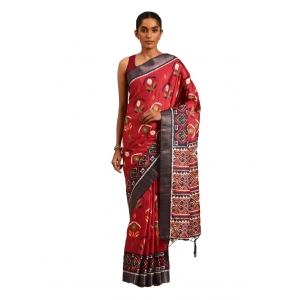 Generic Women's Cotton Printed Saree With Unstitched Blouse 5.5Mtr (Red)