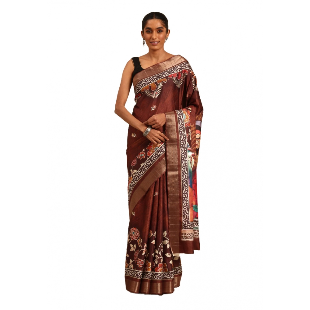 Generic Women's Cotton Printed Saree With Unstitched Blouse 5.5Mtr (Brown)
